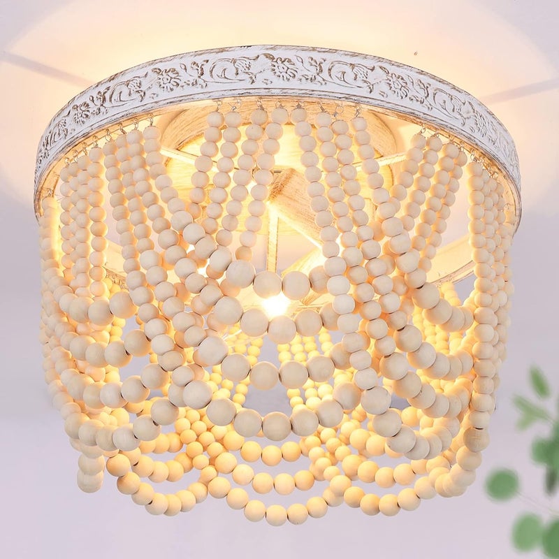 Capslpad Bohemia Wood Beaded Flush Mount Ceiling Light Antique Boho Mini Chandelier Farmhouse Light Fixture for Bedroom Nursery Room Hallway Entryway Foyer,3-Light - Image 1